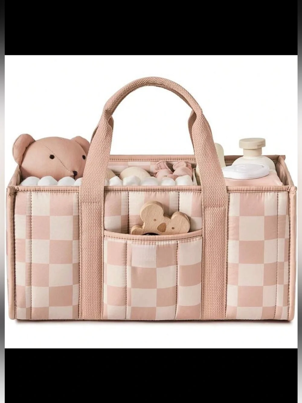 Pink Checkered Fabric Storage Bin Tote with Handles